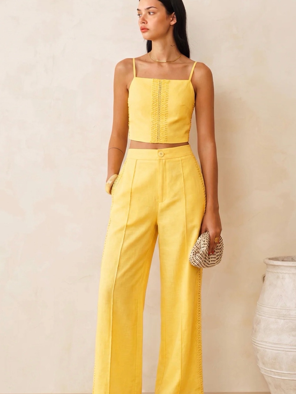 Cotton Linen Lace Trim Cami Top & Pants Set
